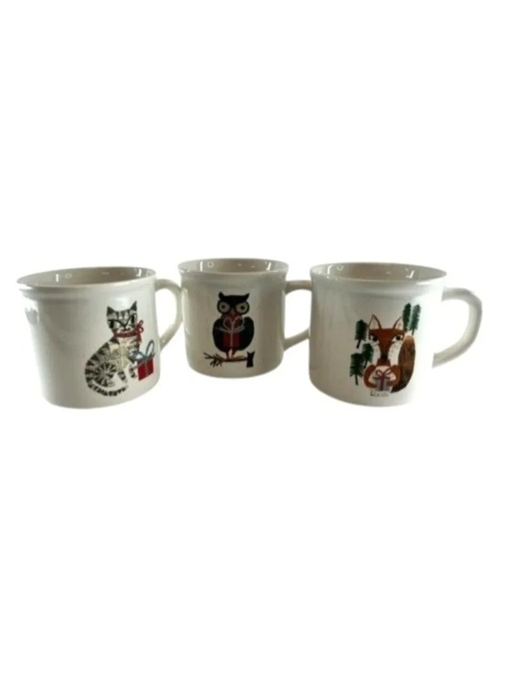3 POTTERY BARN DENISE FIEDLER WHIMSICAL CAT,FOX & OWL MUGS -A FUN TASTE OF NATUR